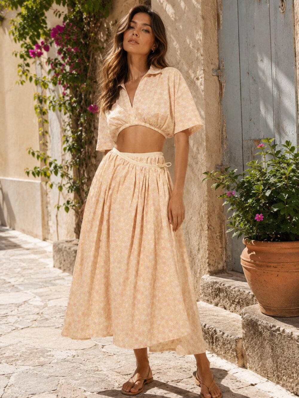 Mon Renn Fling Cotton Crop Blouse Top & Skirt Set Boho Vacation Summer